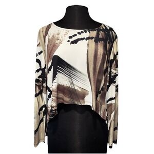 NEW By JJ High Low Abstract Artsy Top Women's Med Brown Cream Long Sleeve‎